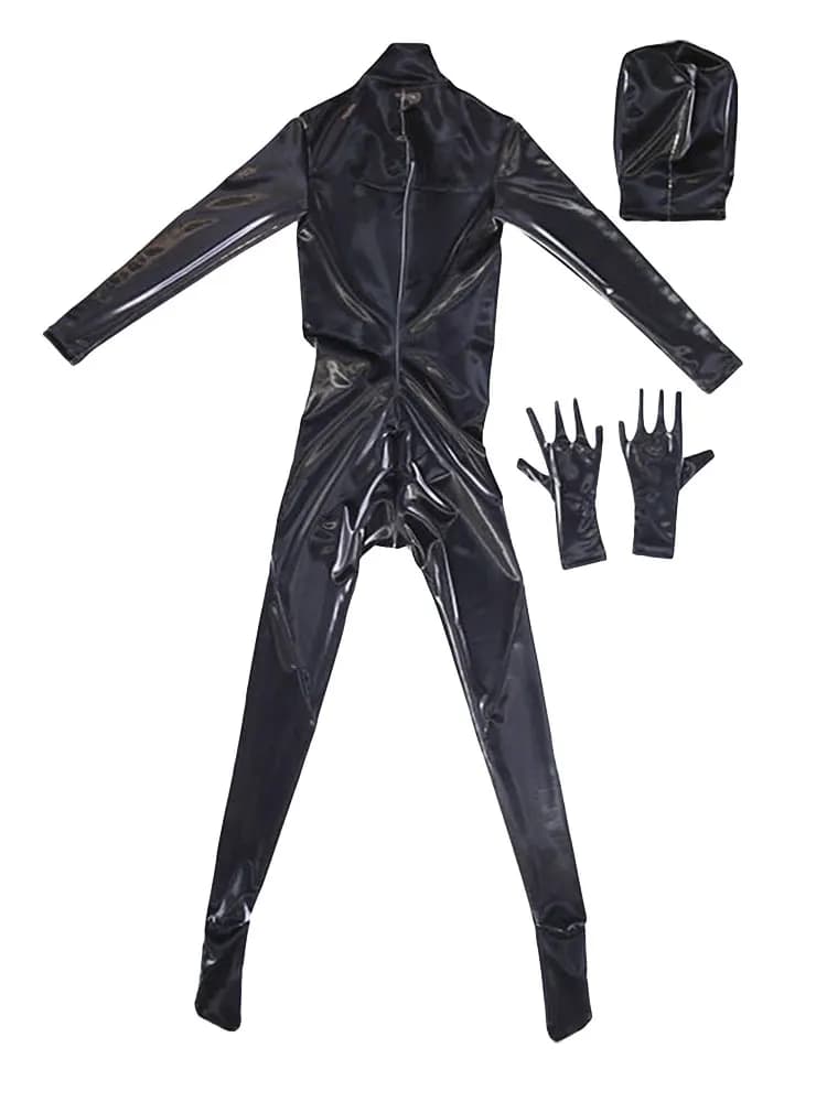 Sexy Cospaly copertura completa tuta elastica Lingerie stretto cavallo aperto scava fuori lattice PU lucido Sexy Leoatrd Catsuit con guanto