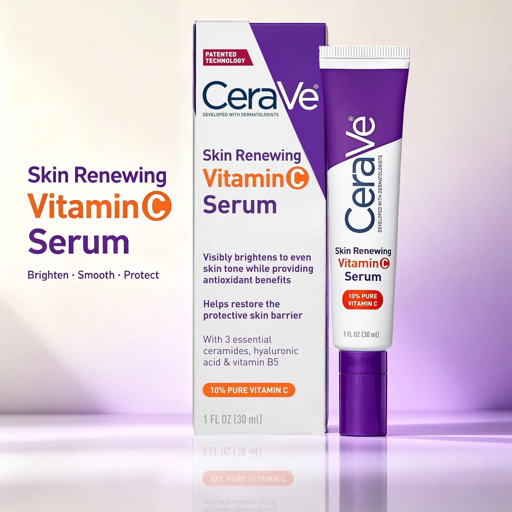 CeraVe Vitamin C Serum for Face with 10% Pure Vitamin C,Hyaluronic Acid & 3 Essential Ceramides,Skin Brightening Antioxidant 1oz