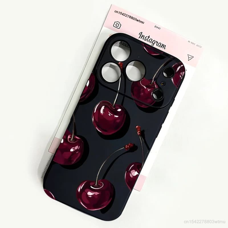 Custodia di Lusso Nera Rossa con Stampa Ciliegie per iPhone 16 15 17 Air 14 13 12 11 Pro Max 7 8 16 Plus 16e, Cover Antiurto in Silicone