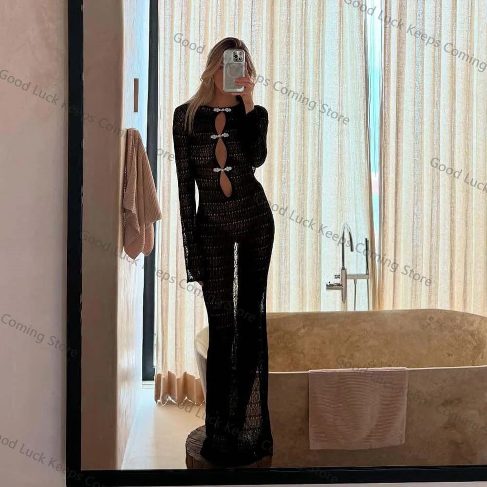 2025 Knitted Dress Backless Cover Up For Women 2025 Summer Beach Dress High Slit Bikinis Cover-Up Hollow Out Sexy Vacation Dress
