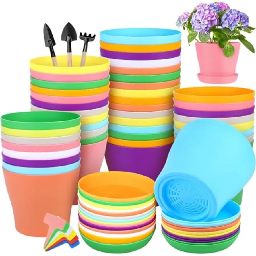 Set di 36 Vasi in Plastica con Sottovasi, Contenitori Colorati per Piante e Fiori, Vasi Rinforzati per Semina e Crescita di Piantine