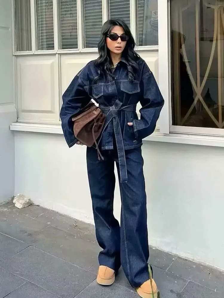 TRAFZA Women's Pants Fashion Dress Denim Belt Result Single-breasted Jacket with Pocket Coat + Random wide leg trousers in denim with high waist zip
