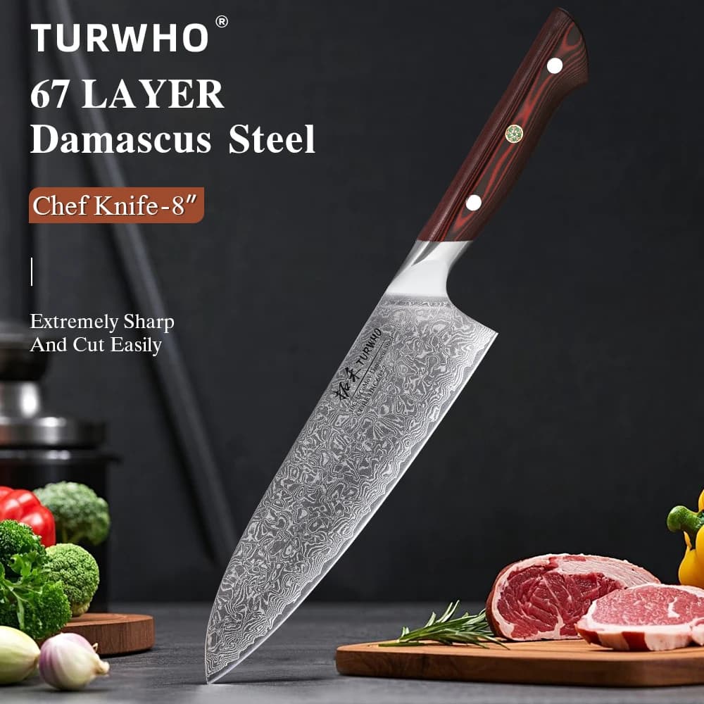 Professional chef knives TURWHO 8 inch, 67-layer Japanese Damascus steel, sharpened to slice meat and vegetables, kitchen utensils