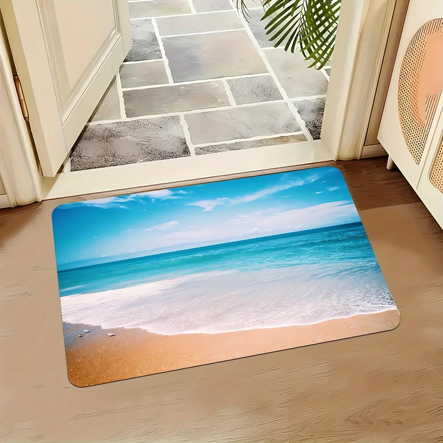 1 beach welcome mat with blue sky and ocean views, non-slip bath mat, wall mat, washing machine washable yoga mat – Available different sizes