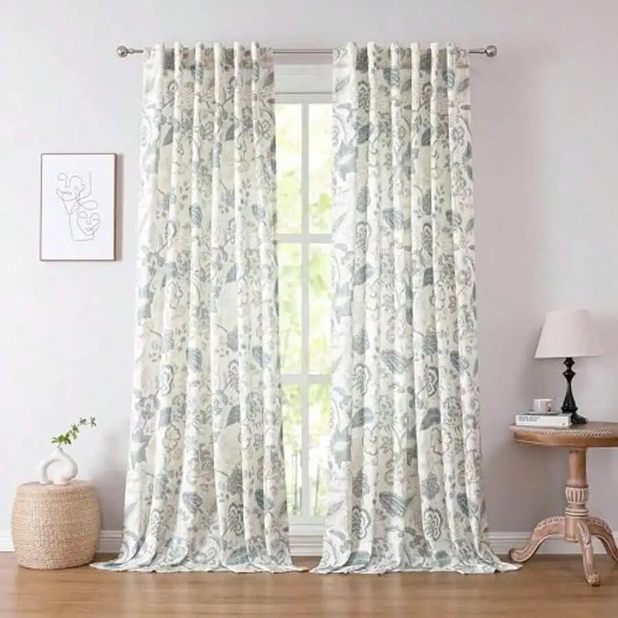 Blue Grey Botanical Leaf Print Linen Textured Curtain Panels Light Filtering Rod Pocket Back Tab 52x102 Inch