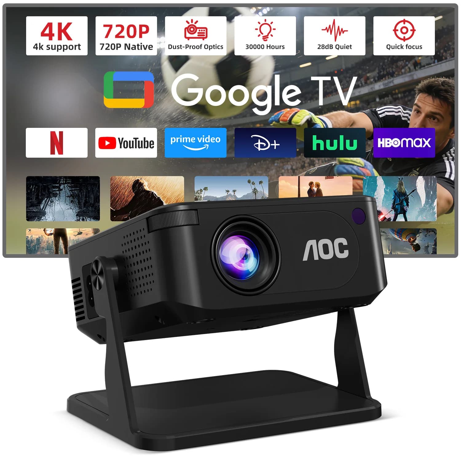 Proiettore AOC HA109 300 ANSI 720P Android 11 WiFi 6 BT 5.0 con App Integrate, Supporto Smartphone, Video 1080P 4K, Mini Proiettore Home Cinema