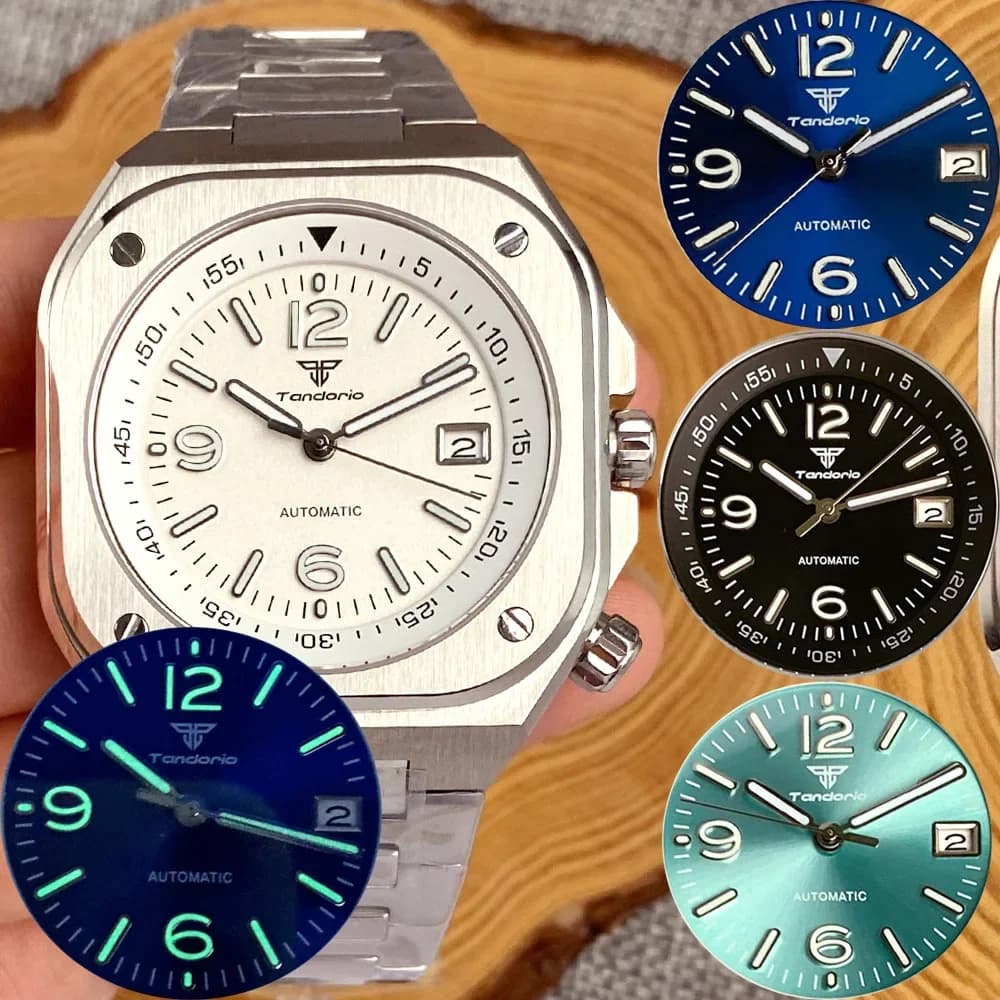 Tandorio Classic 42mm Square sapphire crystal watch Vintage simple white Sunburst luminous dial NH35A men's automatic watches