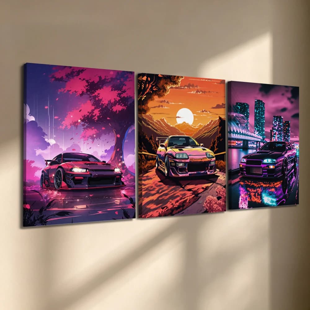 Set di 3 Quadri su Tela con Cornice in Legno, Stampa Stile Anime Auto Sportiva JDM, Decorazione per Soggiorno, Camera da Letto, Cucina, Ufficio, Casa
