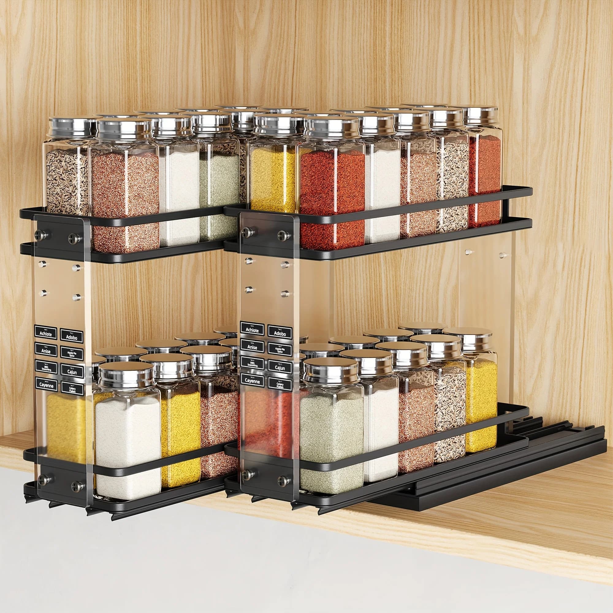 2 pezzi Portaspezie estraibile a doppio livello con altezza regolabile, Organizzatore sottopensile resistente alla ruggine, Organizzatore regolabile a forma di L per bottiglie di spezie, Portaspezie a 2 livelli, 7,2 pollici, Accessorio da cucina (con etichette per spezie)