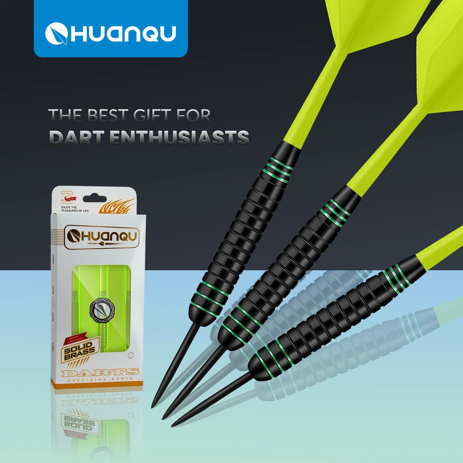 Huanqu Set di freccette professionali in ottone da 3 pezzi, freccette verdi con custodia portatile, include aste di ricambio in alluminio e voli per freccette, freccette con punta in acciaio standard universale, adatto per giocatori adulti, principianti, allenamento e competizioni