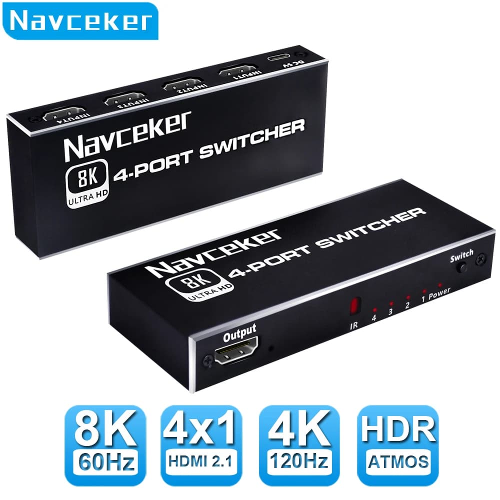 Navceker 8K HDMI 2.1 Switcher Selector 4K 120Hz HD Switch Splitter HDMI 4 In 1 Out 3 In 1 Out for Laptop PC Switch TV Box PS5