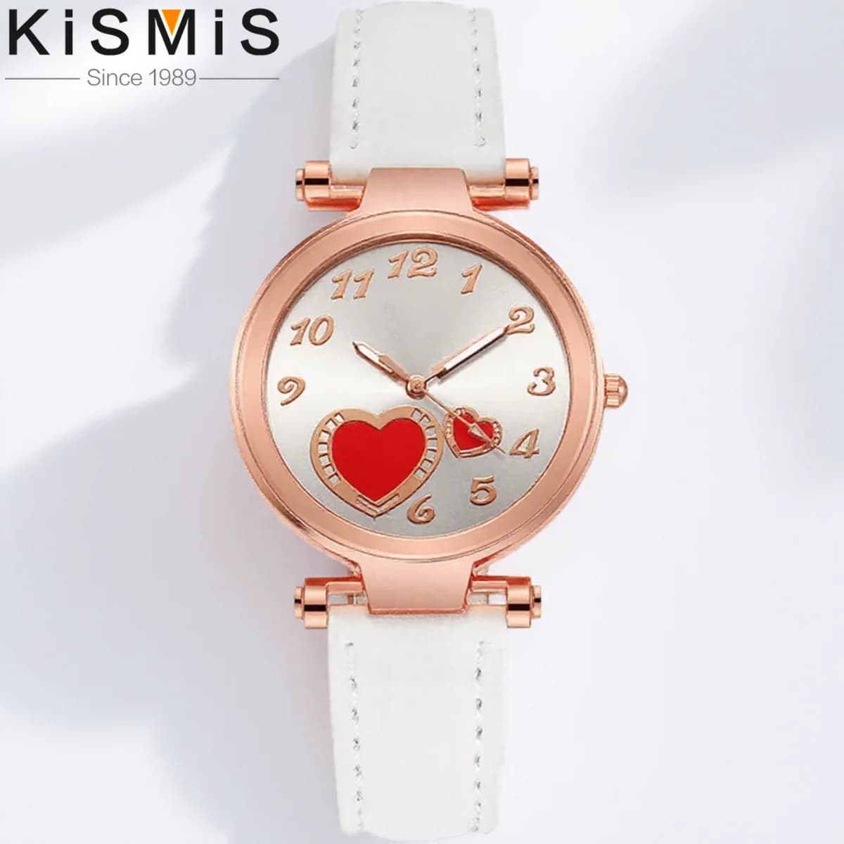 Quartz watch with fishing heart for woman, ribbed leather strap, stylish design wristwatch