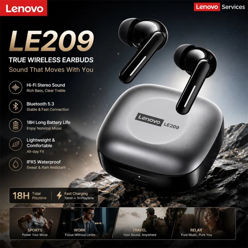 Choice Lenovo LE209 Cuffie da gioco Wireless Bluetooth 6.0 Cuffie sportive Durata della batteria di 35 ore Auricolari impermeabili con riduzione del rumore ANC