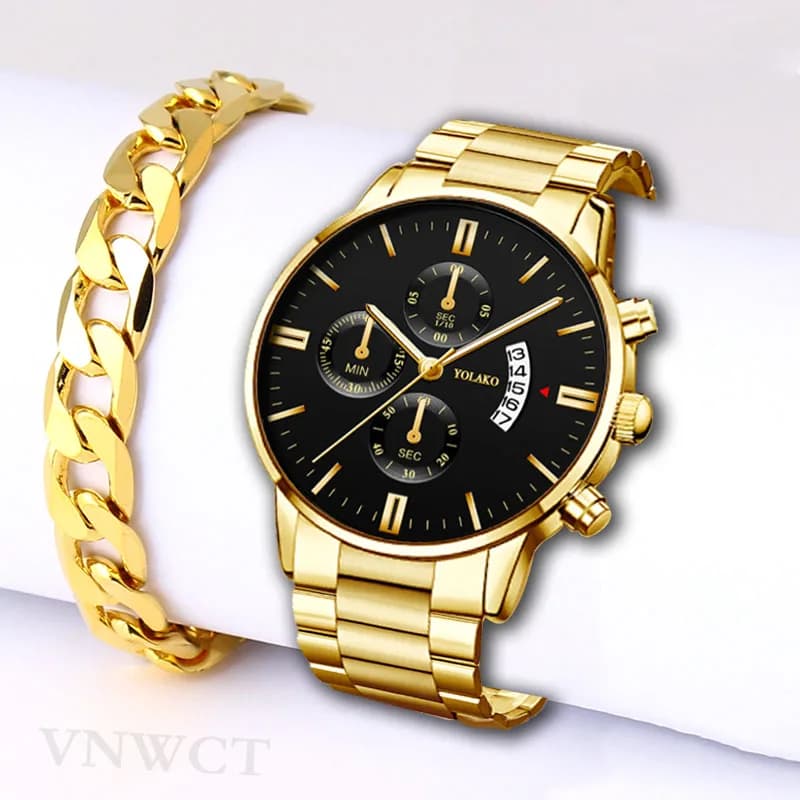 Luxury Golden Steel Men's Watch With Calendar, Quartz Wrist Watch, Chain Bracelet, Working Watch, Men's Watch, Relogio Masculino