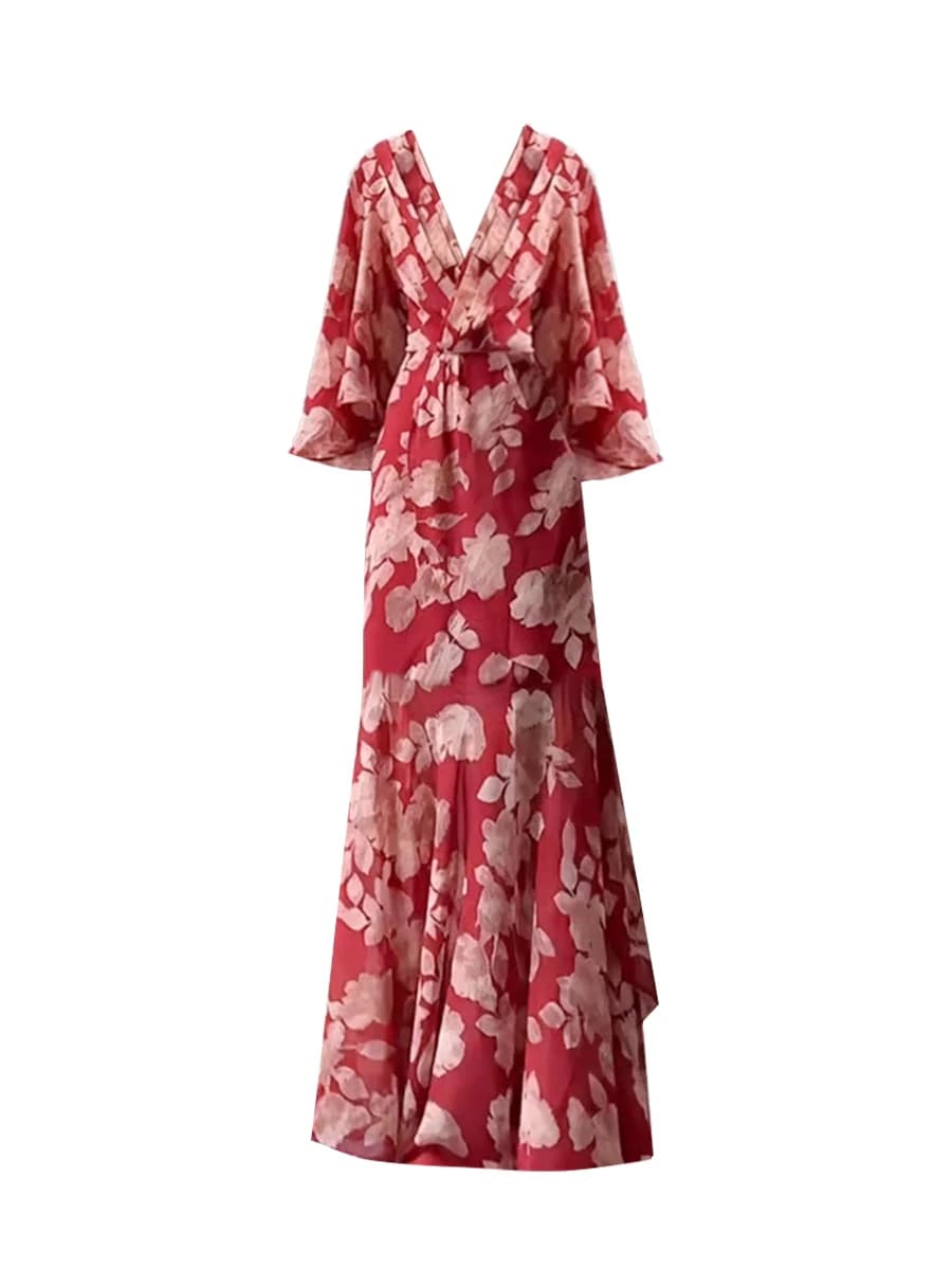 Nuovo Stile Primaverile: Abito Floreale Lungo con Scollo a V e Pieghe, Taglie Forti, Effetto Snellente e Nascondi-Giunture, Stile Casual da Donna