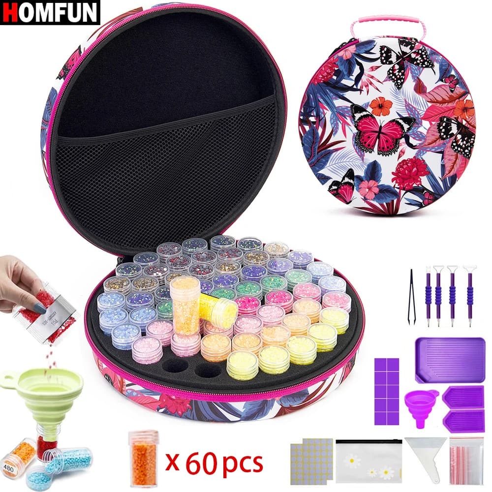 HOMFUN Diamond Painting Storage Boxes 60 Grids Bead Butterfly Storage Set With Accessories Mosaic Container Bag Tool Kit Gift