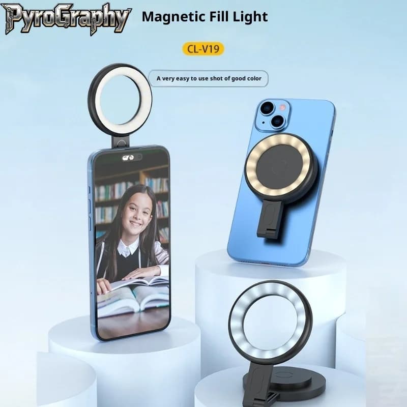 PyroGraphy Mini Magsafe Anello luminoso per telefono cellulare Selfie Anello di bellezza Tasca magnetica Luce di riempimento Supporto pigro da tavolo per telefono cellulare