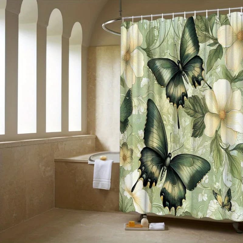Tenda da doccia 1 pezzo: design elegante con farfalle e fiori bianchi per un bagno sereno impermeabile