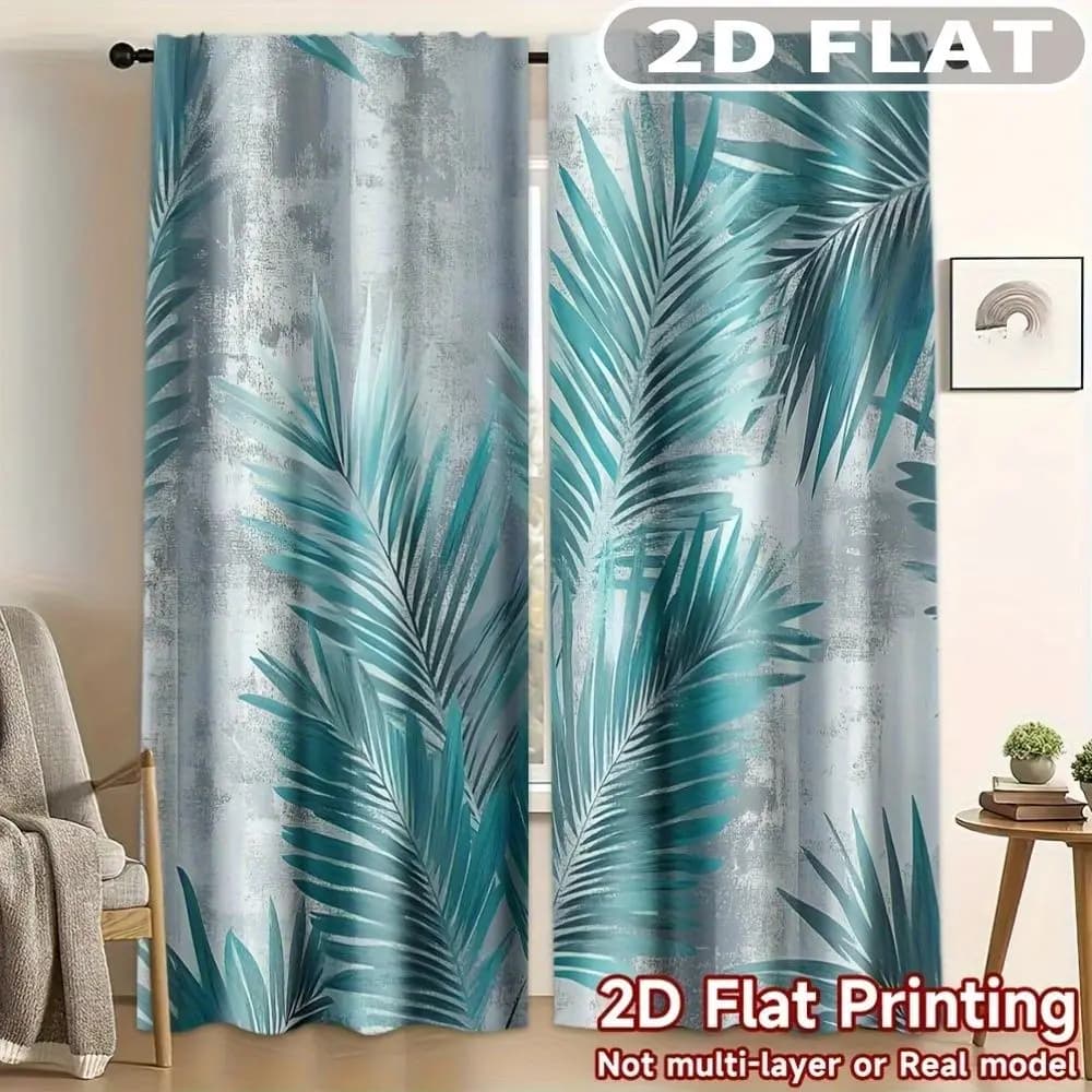 2pcs Curtains Tropical Palm Leaf Design Perfect for Balcony, Bedroom, Study, Living Room, Suitable for Spring & Summer