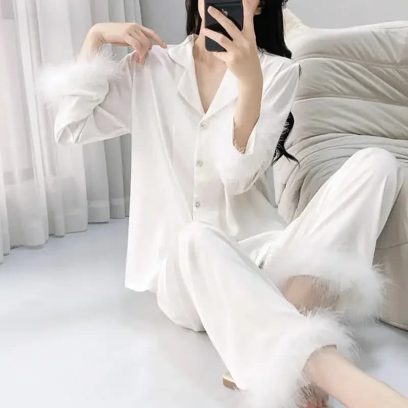 Burgundy Ice Silk Womens Pajamas Set Loungewear Luxury Feather Long Sleeves Pijamas Suit Sleepwear Loose Casual Homewear Pyjama