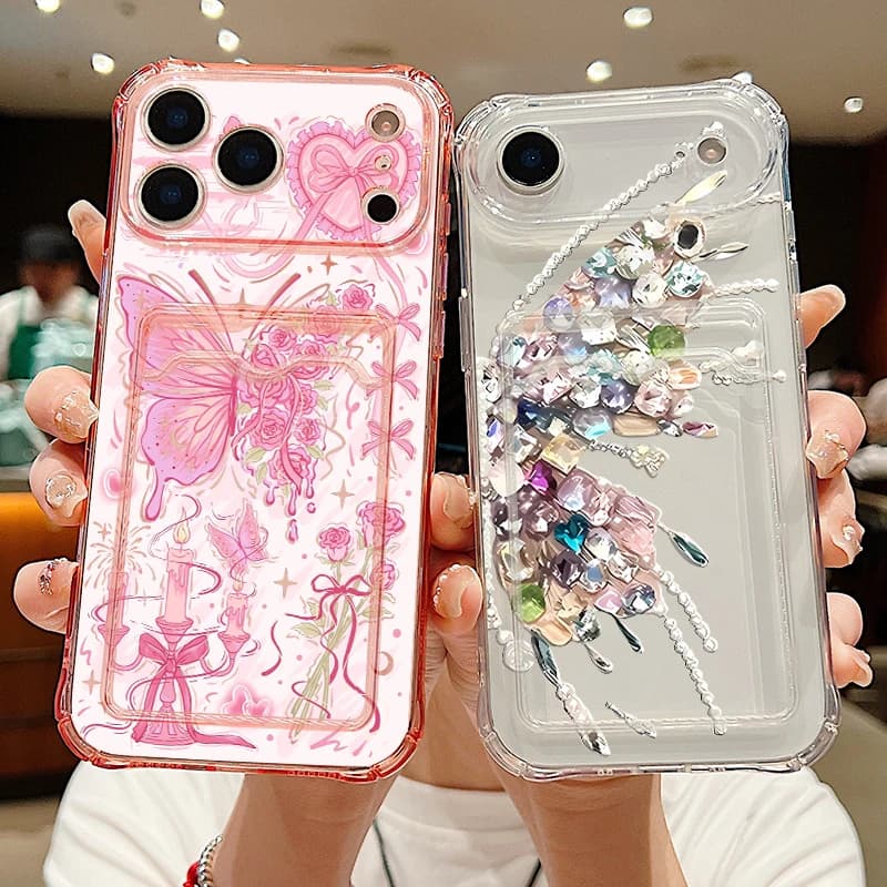 Card Pocket Clear Phone Case For iPhone 17e 17 Pro Max 16 15 14 13 Pro Max 16e 11 Beautiful Butterfly Print Soft Silicone Cover
