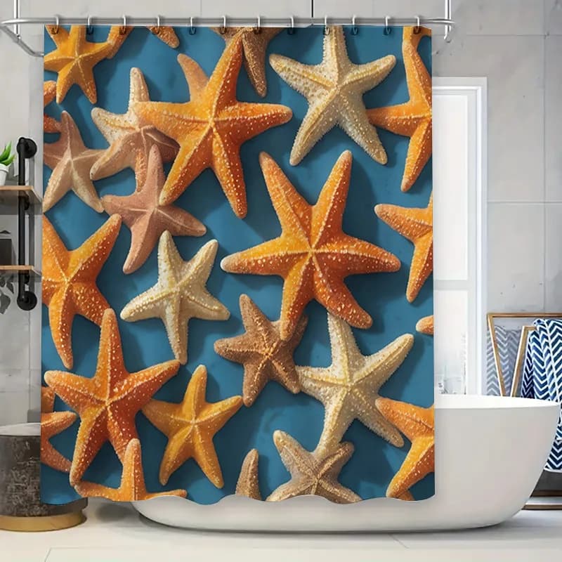 Tenda da doccia con stella marina blu brillante, tessuto stampato, decorazione per bagni, impermeabile, lavabile, dimensioni personalizzabili, opzioni disponibili $ 169