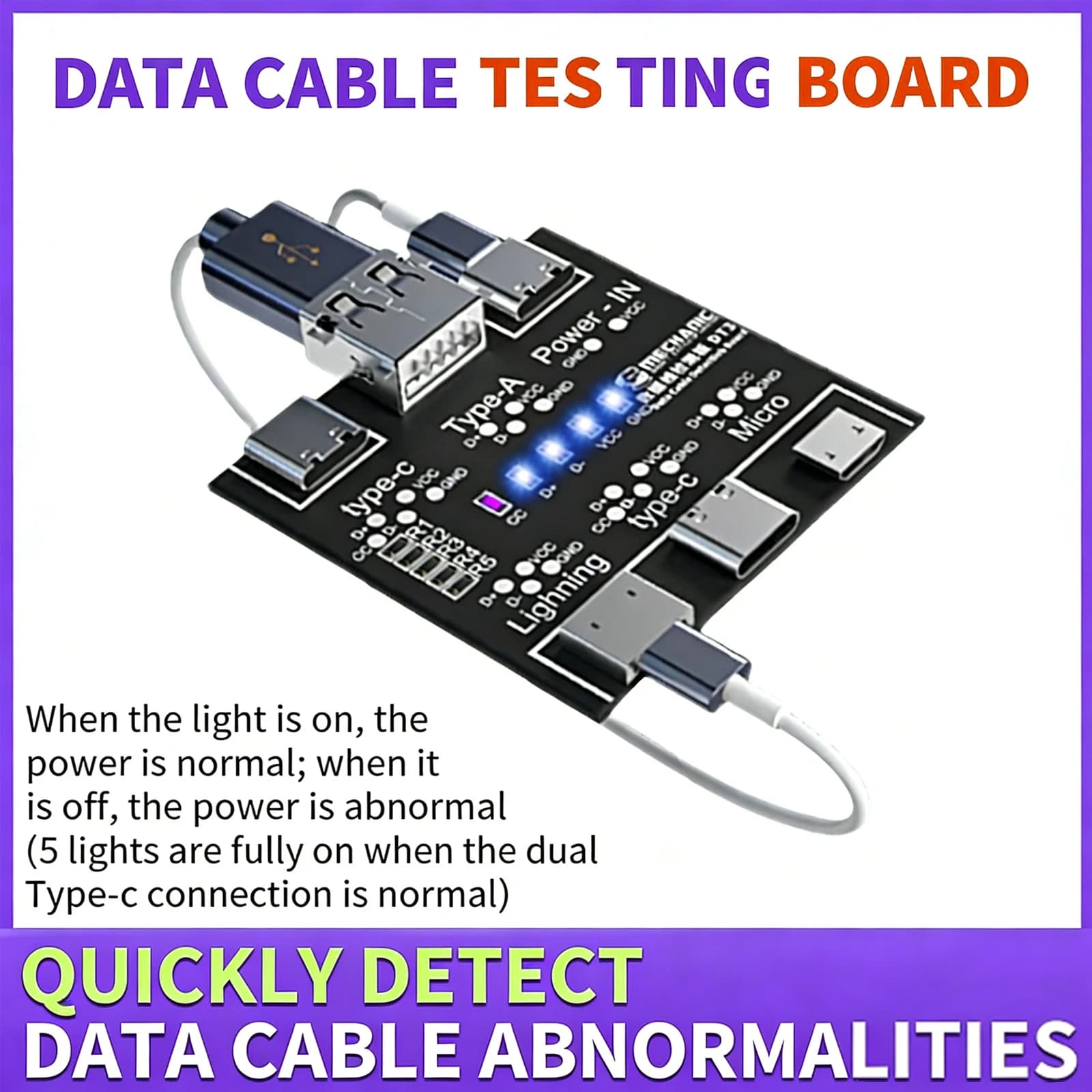 DT3 Data Cable Detection Card, USB Type-C Tester for Micro USB and Lightning Cables, On/Off Cortocircuit Diagnostic Tool with LED Indicator