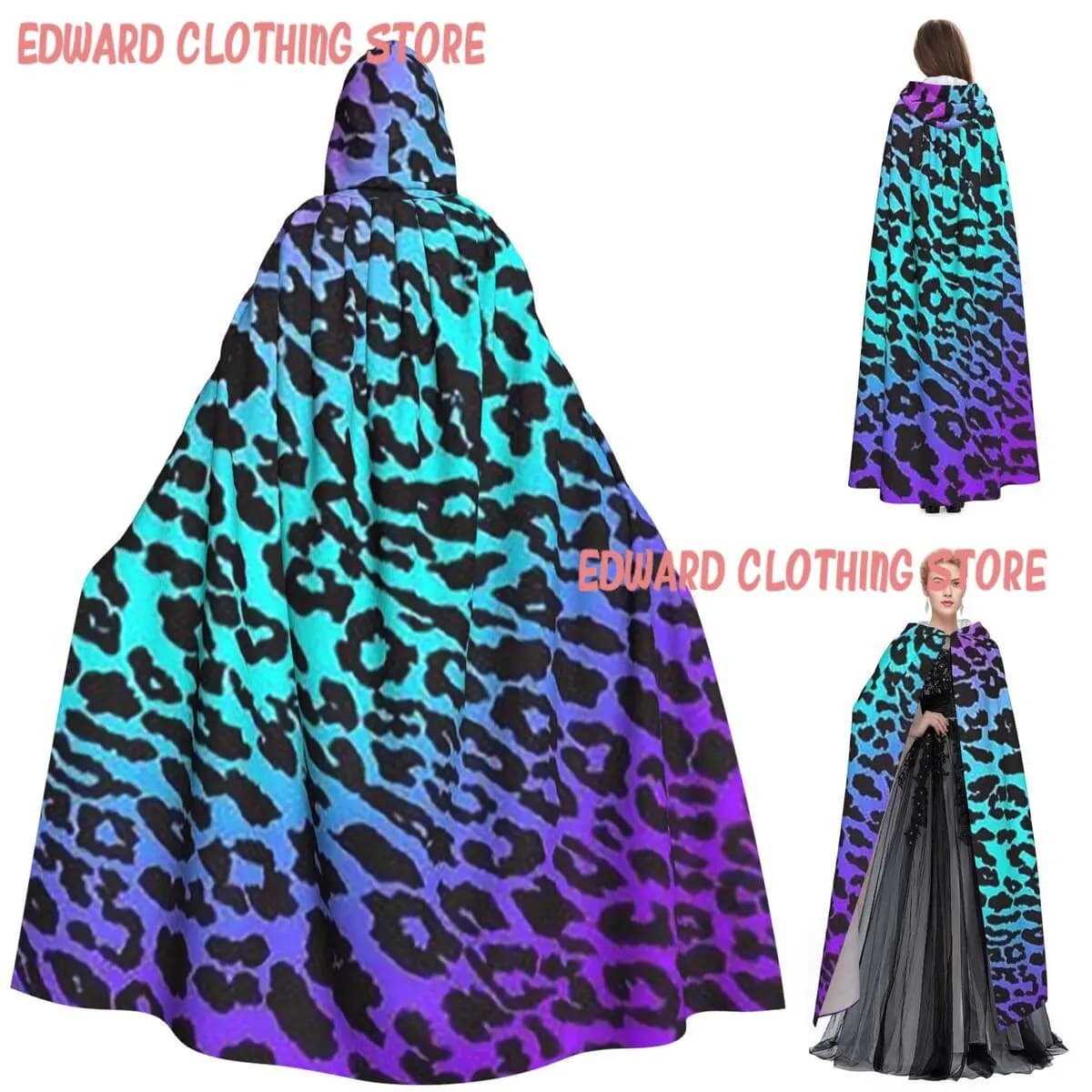 Rainbow Leopard Print Animal Skin Cheetah Long Hooded Cloak Witch Medieval Costume Cosplay Cape HalloweenVampire Adult