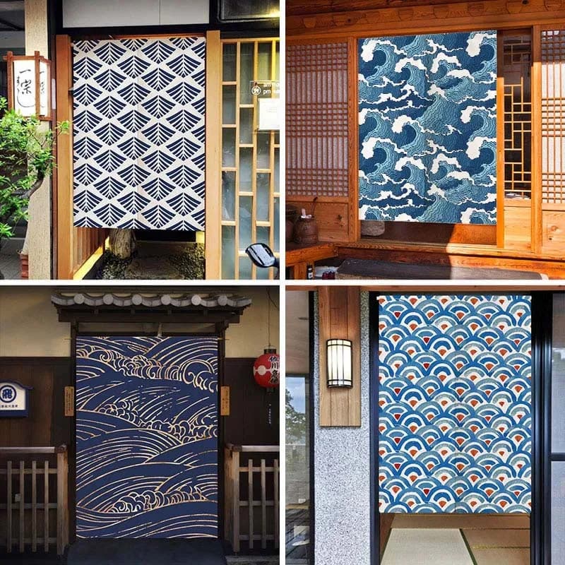 Tenda Noren ispirata alla Grande Onda di Ukiyo-E di VIKAMA, tappezzeria giapponese blu e bianca, schermo per la privacy per soggiorno, bagno, caffetteria