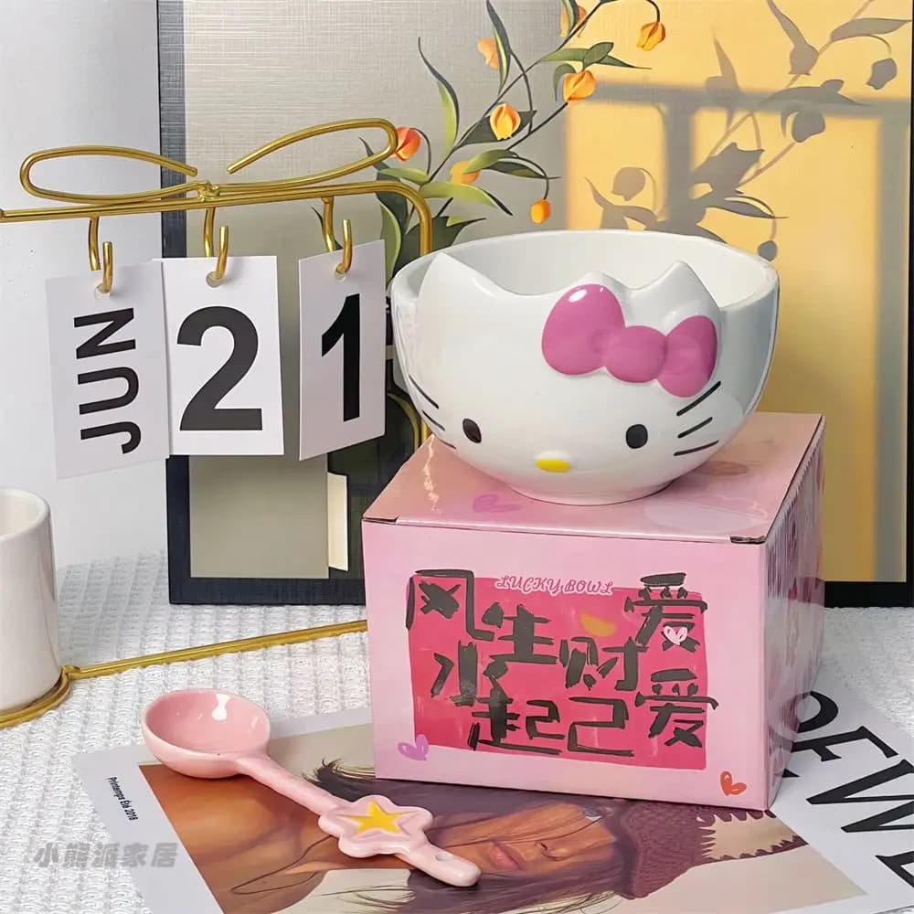 Hellokitty Personaggio Periferico Simpatico Set di stoviglie in ceramica Ciotola di riso Dormitorio per cartoni animati Ciotola per zuppa per studenti con cucchiaio