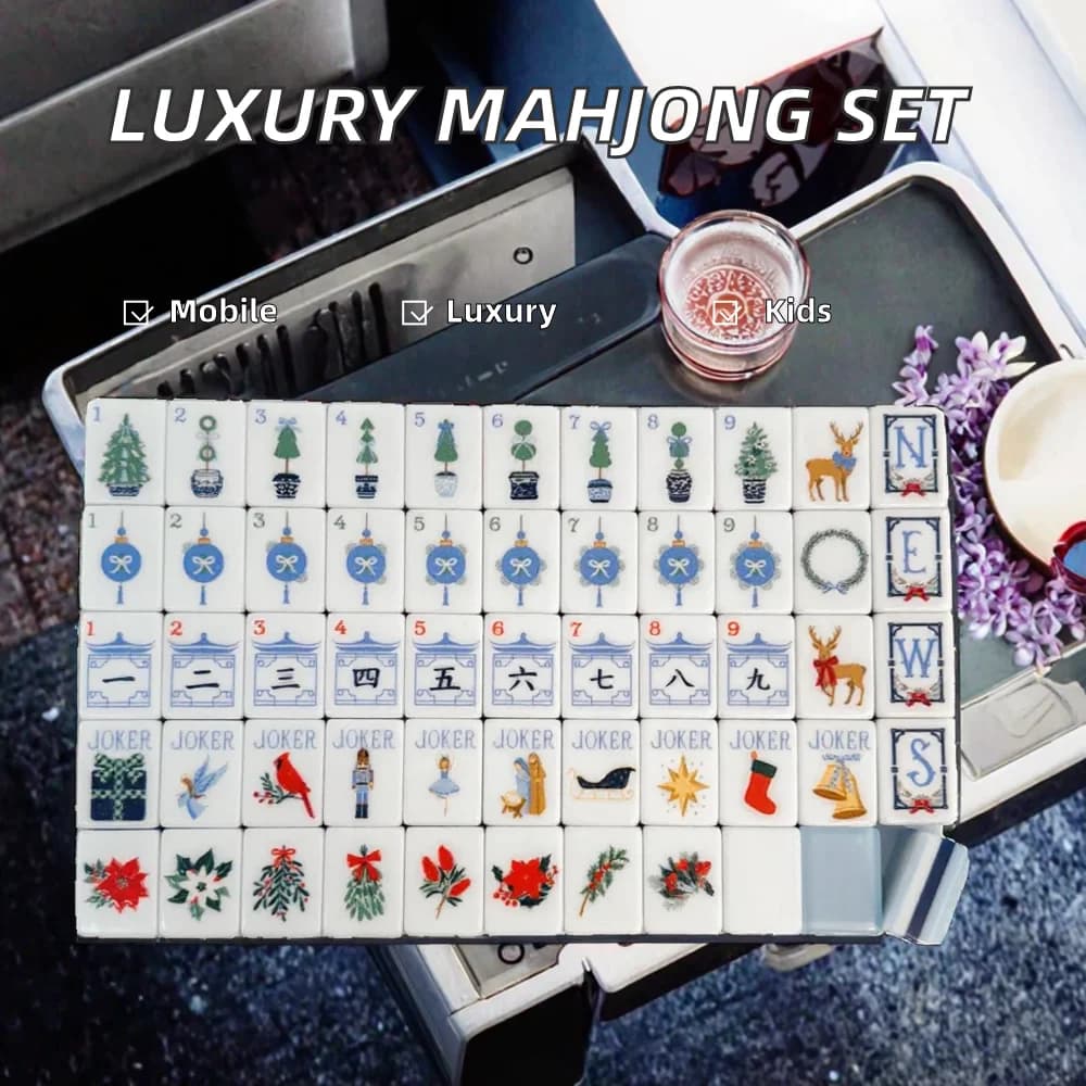 American Luxury Acrylic Mahjong Tiles Set for 4 Players Portable Christmas Engraved Design for Travel Entertainment