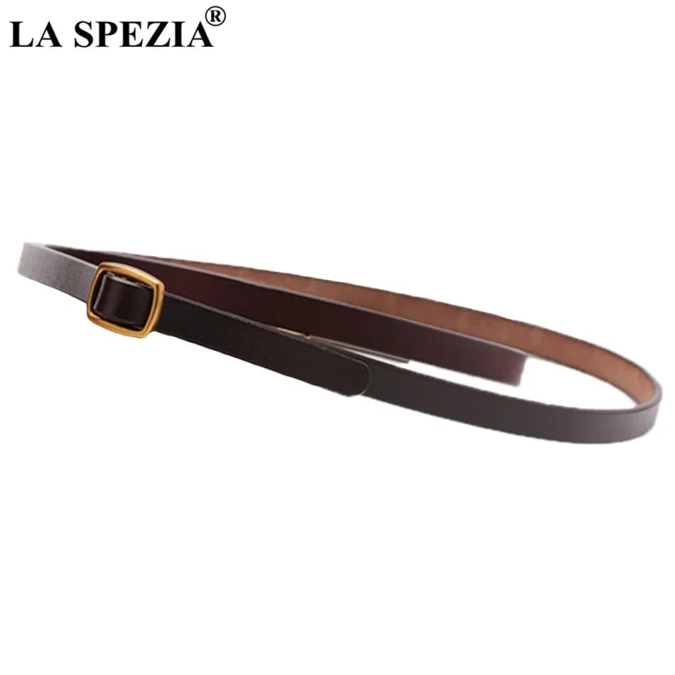 Cintura Sottile Nera da Donna, Cintura Quadrata Senza Fori, Vera Pelle di Vacchetta, Cintura Femminile di Marca alla Moda per Jeans