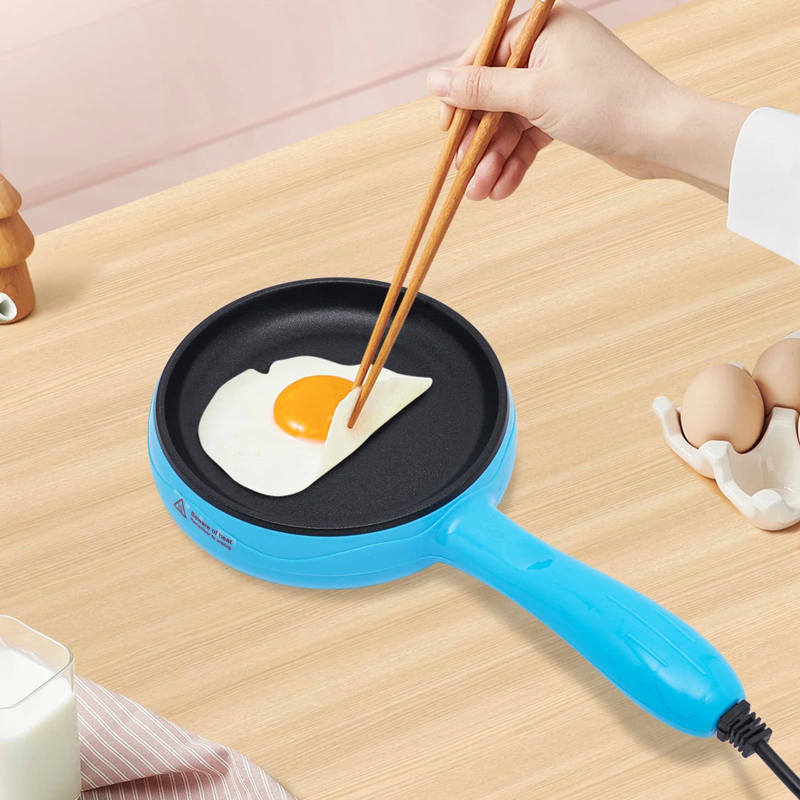 Portable Electric Skillet for Home Kitchen Dorm, 450W Non-Stick Blue Frying Pan