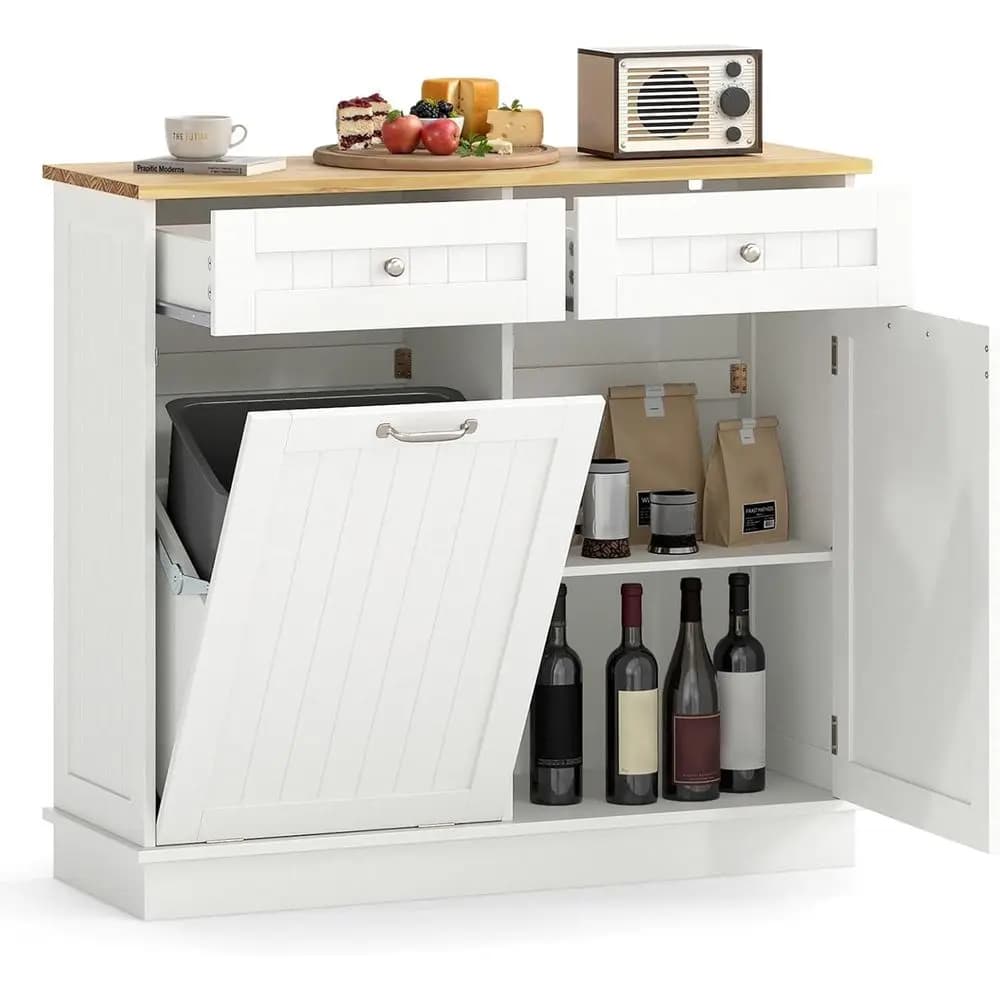 Kitchen Trash Cabinet, Adjustable Shelving Sideboard, Recyclable Waste Bin with Wooden Top, White Laundry Basket Cabinet for Din