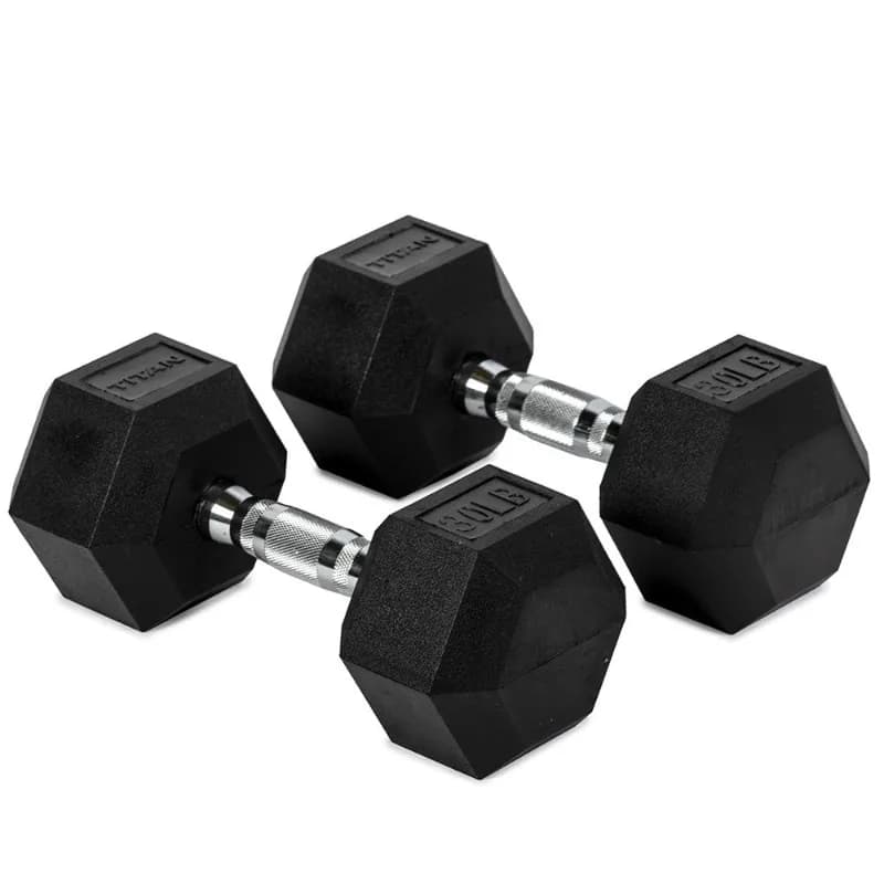 Large Fitness Equipment 30 LB Pair Free Weights, Black Rubber Coated Hex Dumbbell