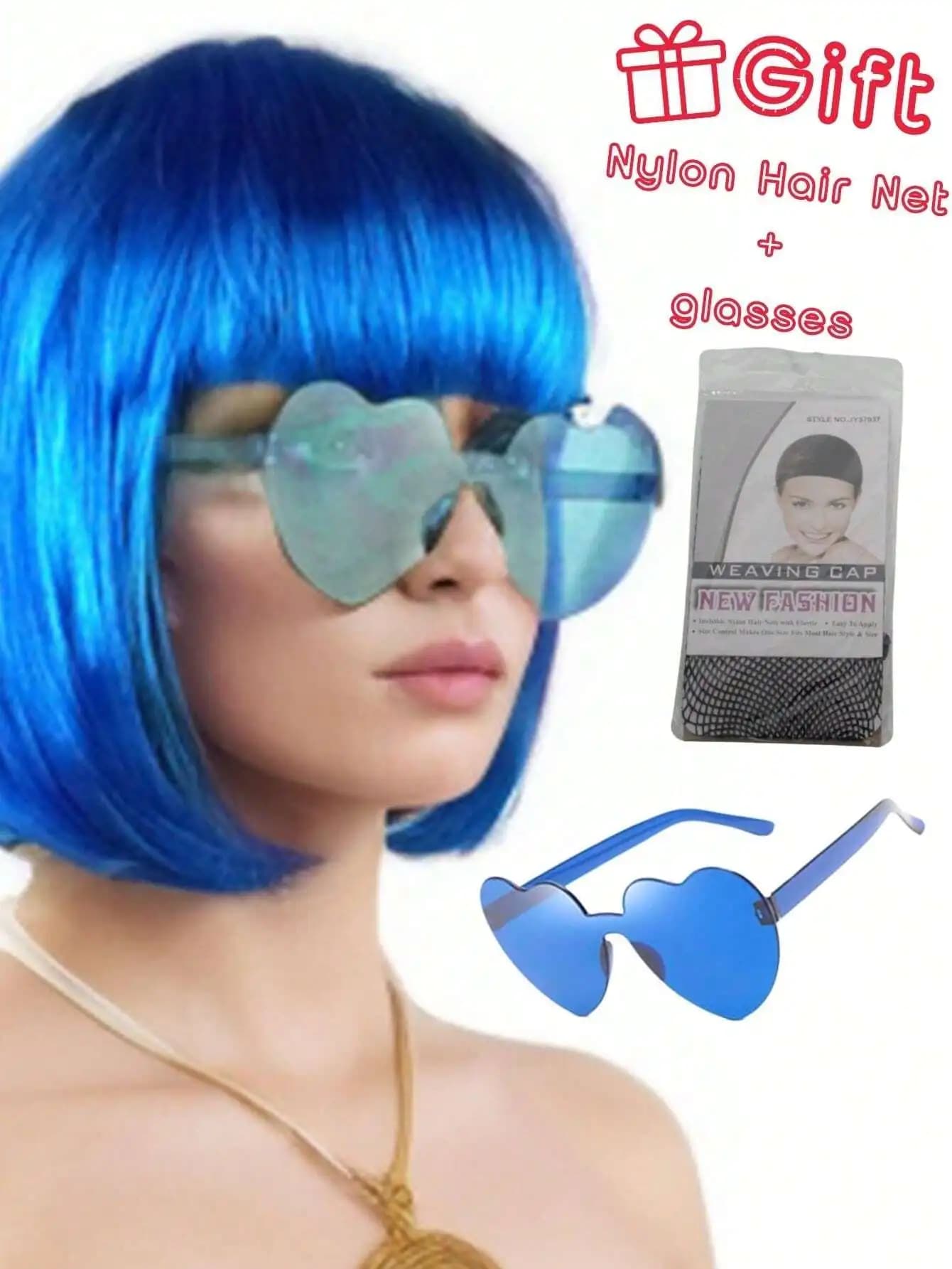 Parrucca corta e diritta con occhiali a cuore e rete per capelli, ideale per feste e come accessorio divertente