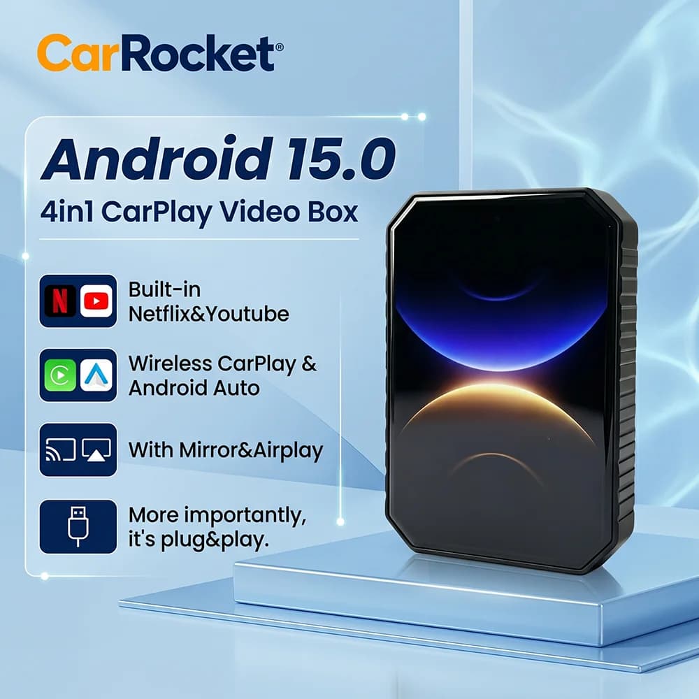 CarRocket CarPlay Video Box: Box CarPlay AI che trasforma il CarPlay cablato in un sistema Android 15 intelligente, Plug & Play con YouTube e Netflix integrati