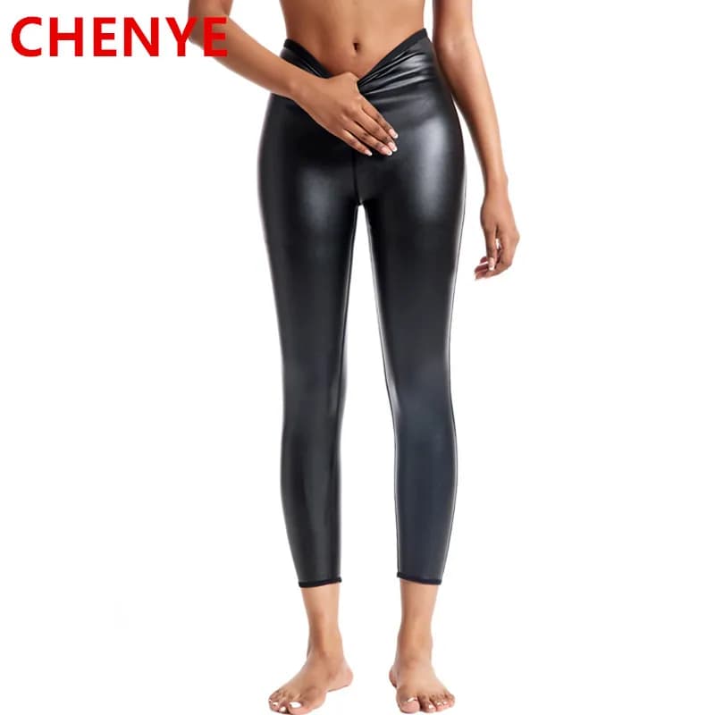 Leggings in ecopelle a vita alta pantaloni elasticizzati a pieghe Shapers per il corpo da donna mutandine per il controllo dell'allenatore in vita pantaloni lunghi Shapewear