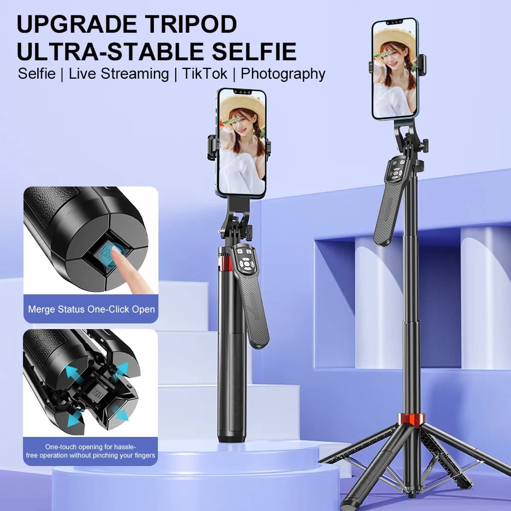 Bastone Selfie con Treppiede Estensibile 1,85m, Stabilizzato con Rotazione a 360° ° Treppiede Bluetooth Girevole per Selfie
