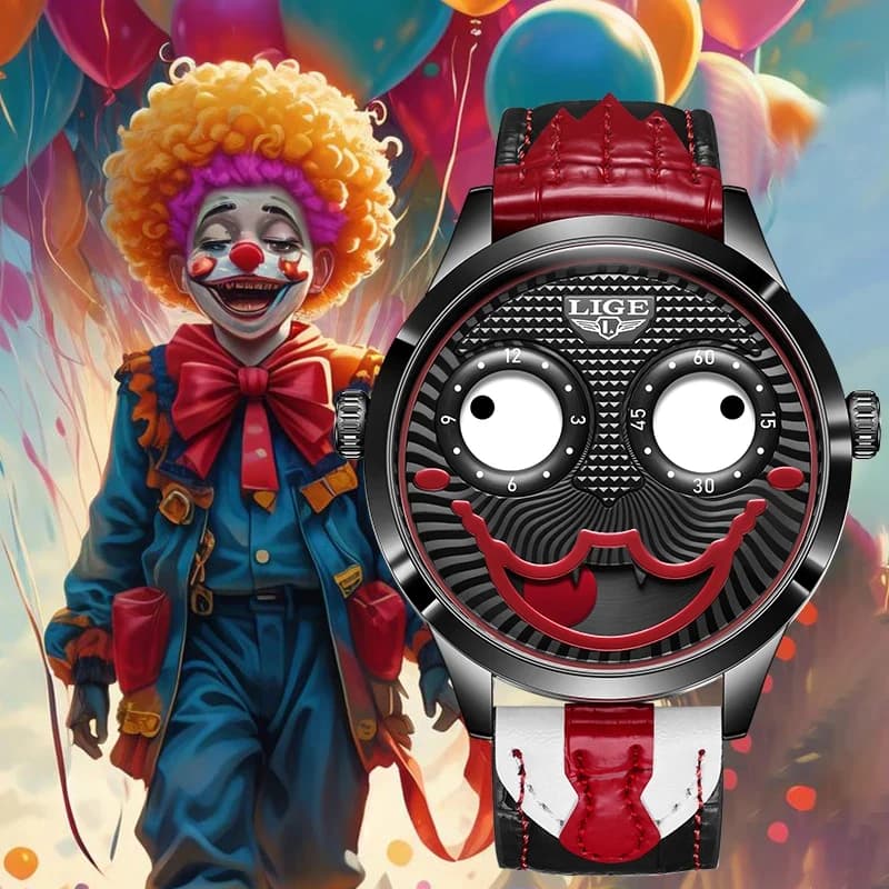 Orologio da Uomo LIGE con Design Creativo Clown Smile Man, Cinturino in Pelle alla Moda, Orologio Sportivo Impermeabile Joker al Quarzo