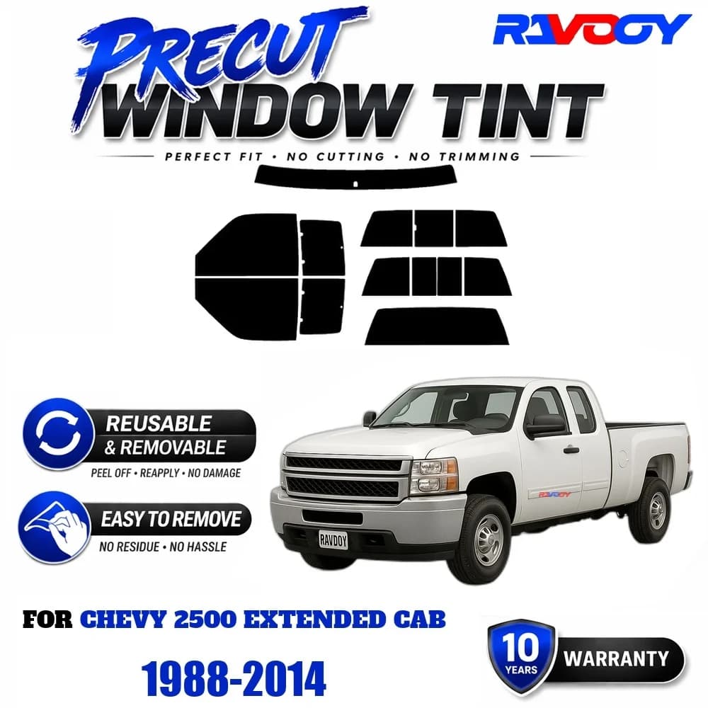 RAVOOY Precut Window Tint, Reusable Removable EPU Film, Custom Fit for Chevy 2500 Extended Cab 1988-2014, UV Heat Protection