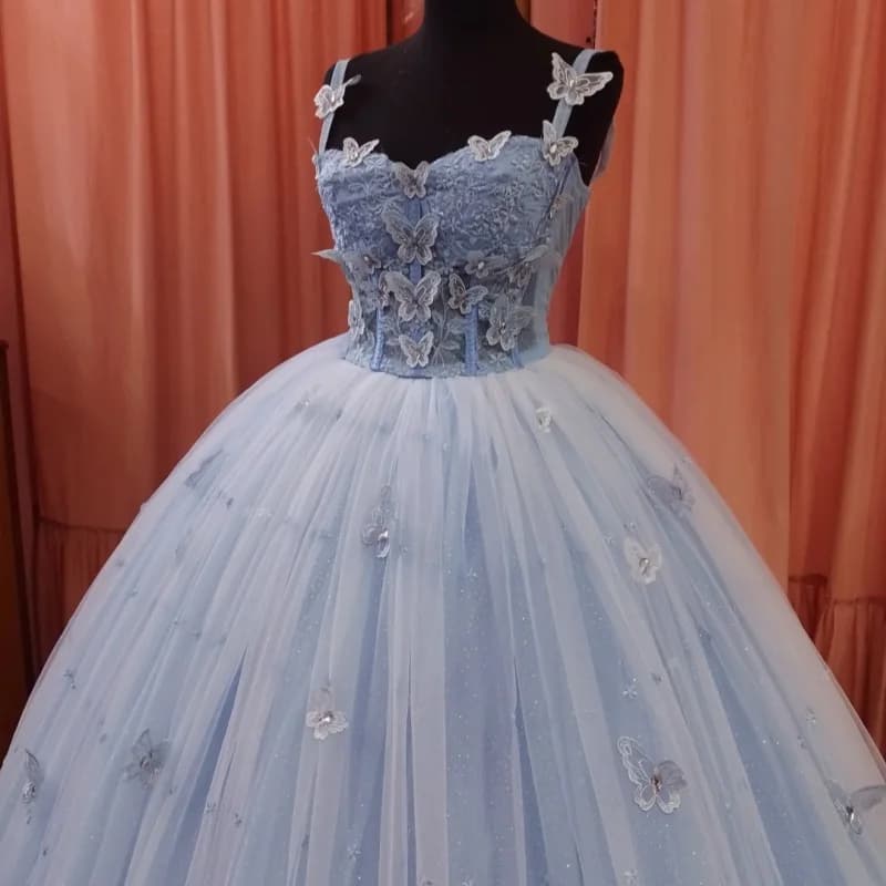 semplice abito Quinceanera blu acqua pizzo cristallo tull farfalla decalcomania abiti da 15 Quinceanera Personalizzato