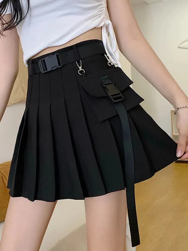 Zoki Harajuku Gonna cargo a pieghe con cintura Moda donna Minigonne gotiche a vita alta con tasca Moda Summer Lady A Line Gonna nera