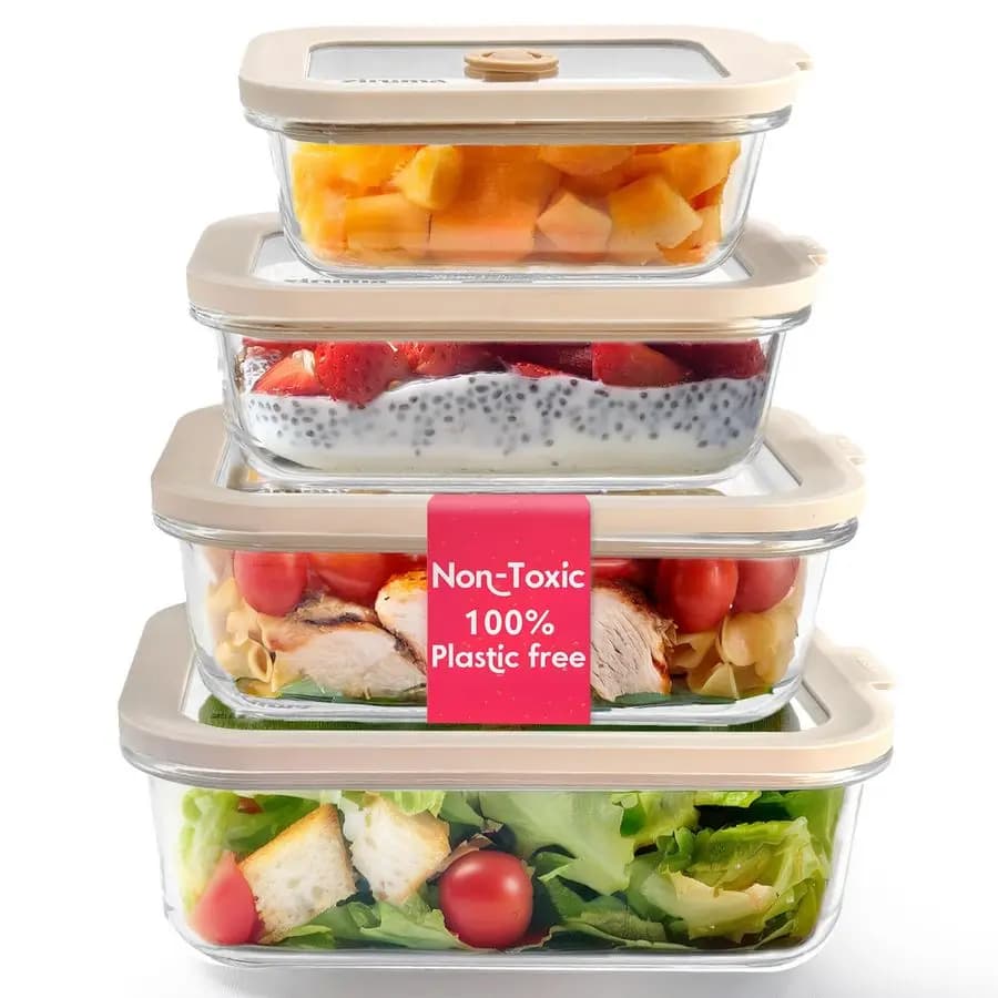 Set di 4 Contenitori in Vetro per Alimenti Non Tossici con Coperchi Senza Plastica, Contenitori Ermetici per Preparazione Pasti, Multi-Misura 12, 21, 35, 50 Oz