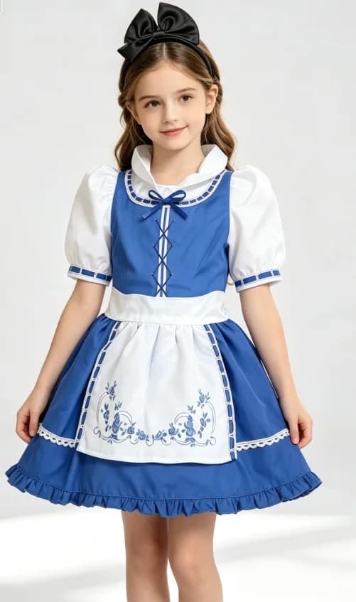Kids Themed Maid Style Dress, Girls Blue and White Outfit with Bow Headband