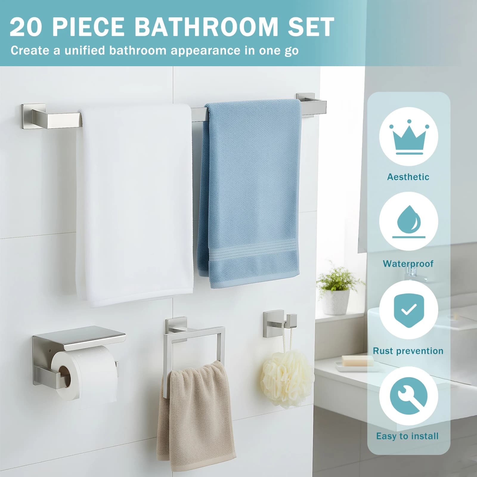 Set di 20 Accessori per Bagno Montati a Parete in Acciaio Inox con Portasciugamani/Anello/Gancio/Portarotolo