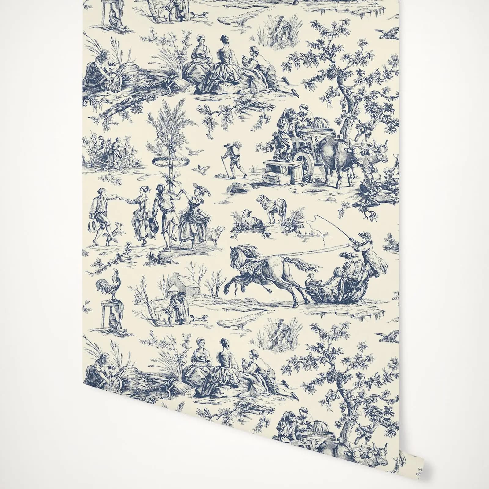 Carta da parati Seasons Toile Navy con stile di vita agricola