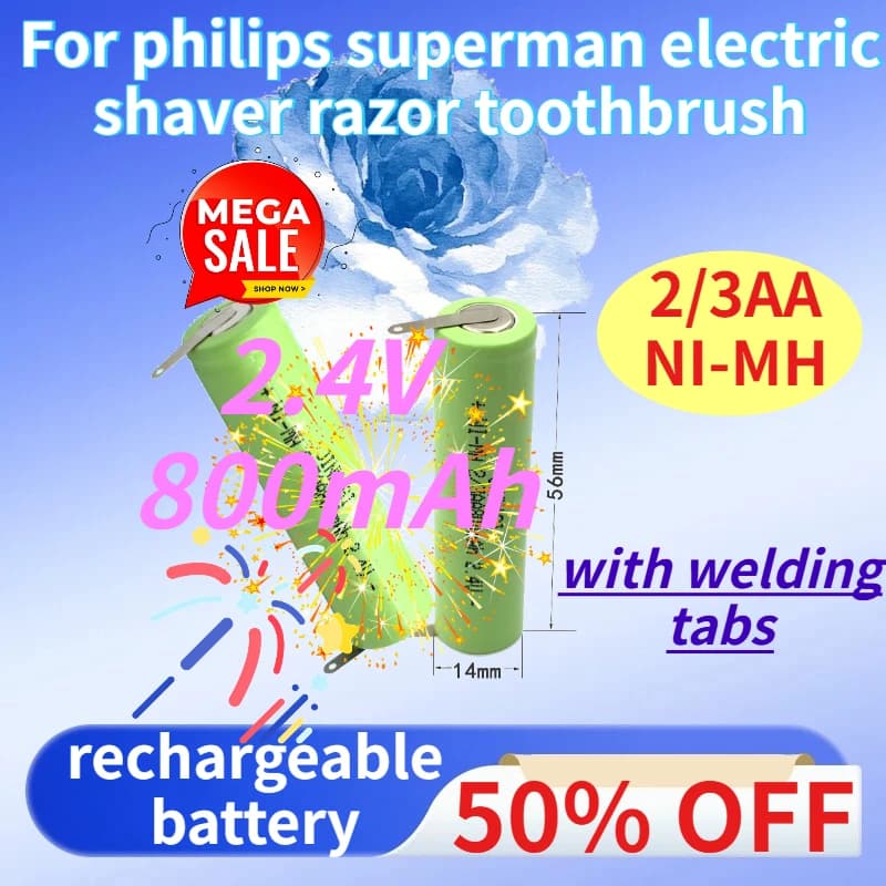 Batteria ricaricabile NI-MH da 2,4 V 800 mAh 2/3AA con terminali per saldatura per rasoio elettrico Philips Superman e spazzolino da denti