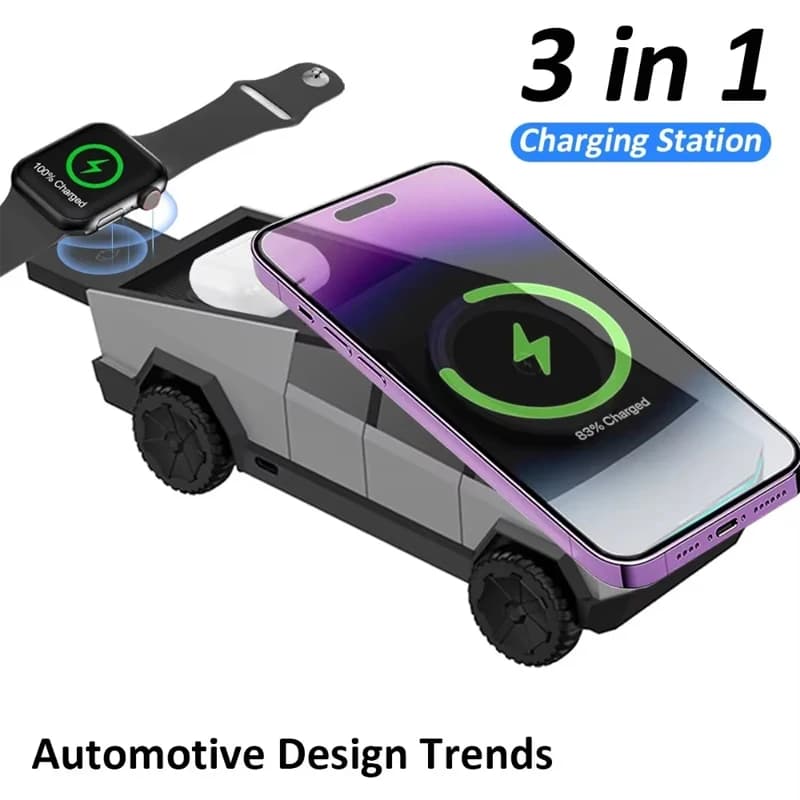 Wireless Charger Cyber Truck Shape Desktop Auto Rotating Ambient Light Multi Function Fast Charging Dock for Mobile Phones