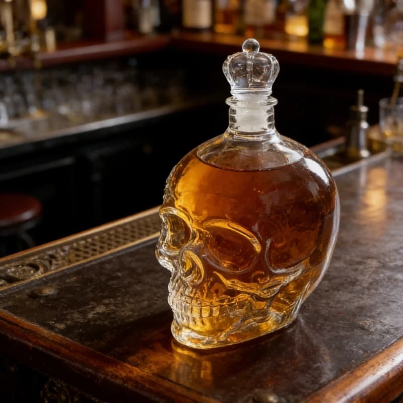 Decanter a Forma di Teschio Divertente da 320ml, Bottiglia in Vetro per Whisky e Vino da 10Oz, Decorazione a Statua per Bar e Casa